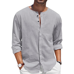 Men's Round Neck Premium Linen Breathable Comfortable Inner Button Long Sleeve Shirt