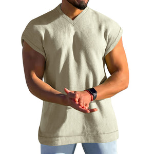 Men's Summer V-Neck Solid Color Men's Sleeveless Casual Loose Short Sleeve