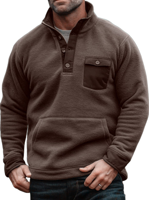 Men's Solid Color Stand Collar Polar Fleece Button Pocket Sweatshirt