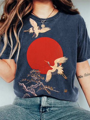 Cranes & Sunrise Japanese Art Vintage Print T-shirt