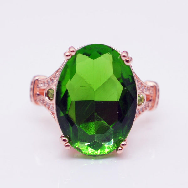 Large Green Stone Golden Ring, Set with Rhinestones, Size #10, Luxurious and Elegant, Perfect for Daily Wear