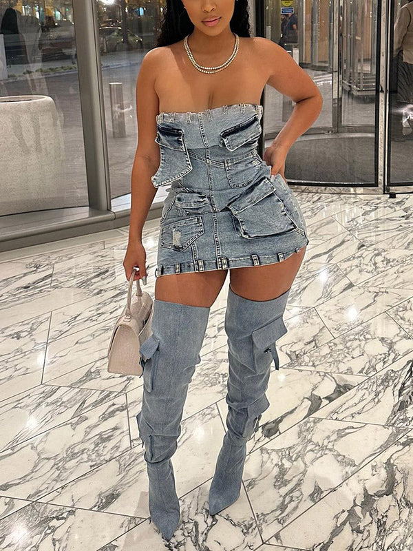 Strapless Denim Cargo Dress