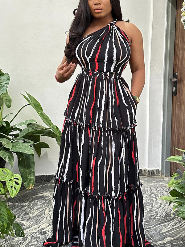 One Shoulder Striped Maxi Dress