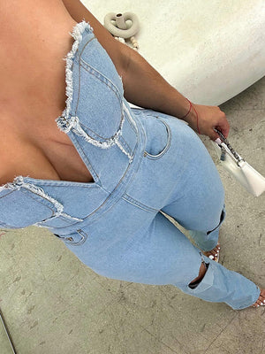 Ripped Strapless Denim Jumpsuit