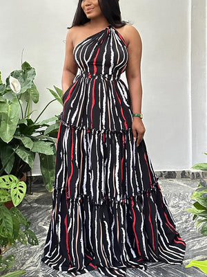 One Shoulder Striped Maxi Dress