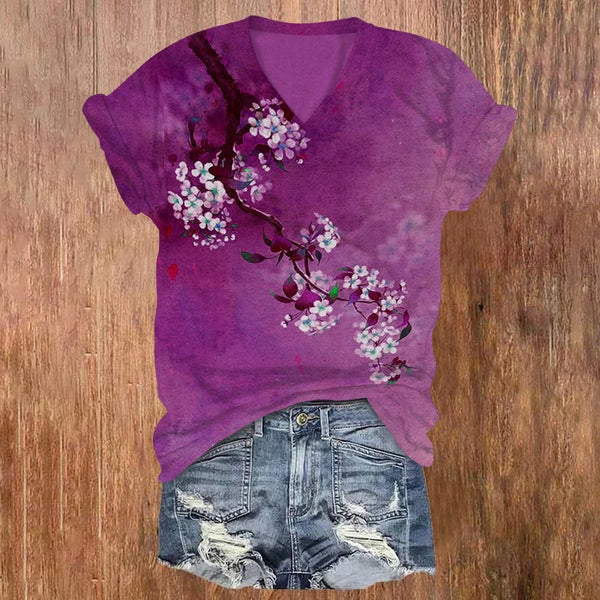 Japanese Antique Pear Blossom Ink Painting Print Short Sleeves V-neck T-shirt