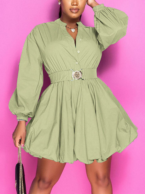 Belted Puffy Sleeve Solid Dress