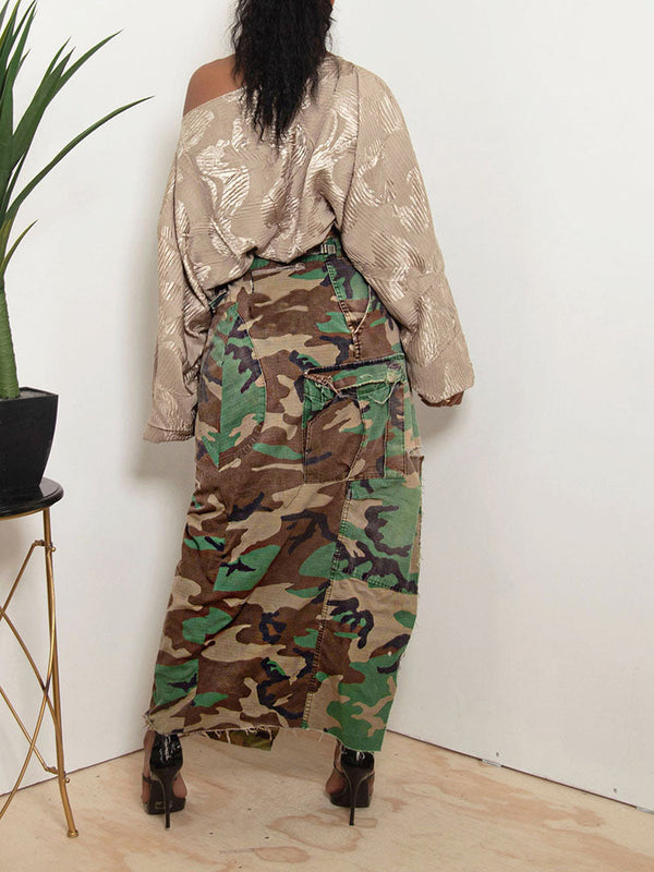 Camo Denim Button High Split Skirt