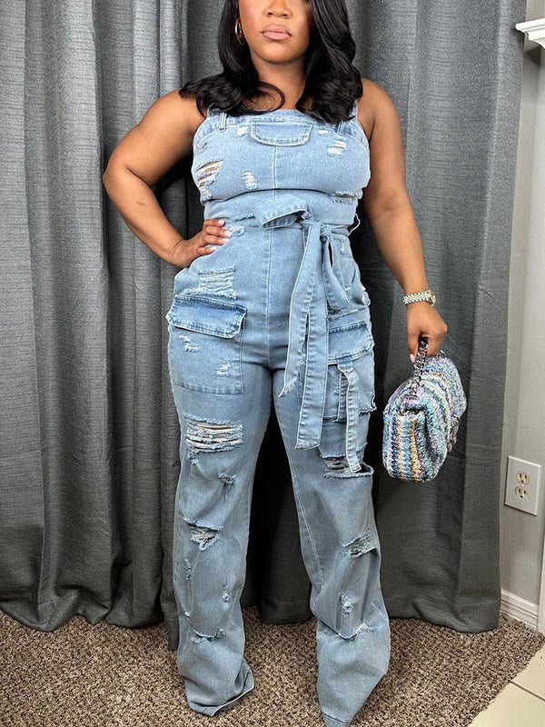 Ripped Cargo Denim Jumpsuit