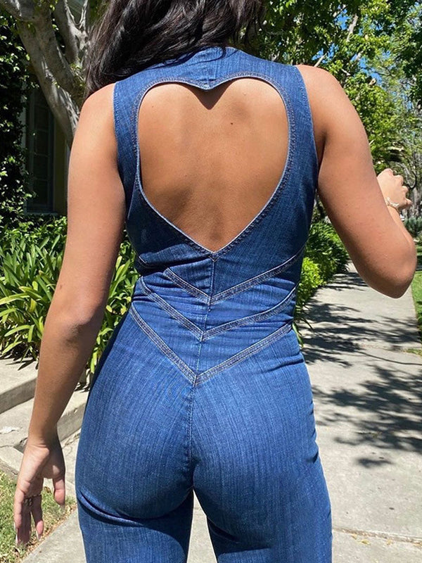 Heart Shape Backless Denim Jumpsuit