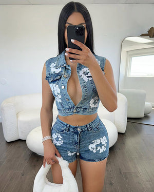 Floral Print Denim Shorts Set