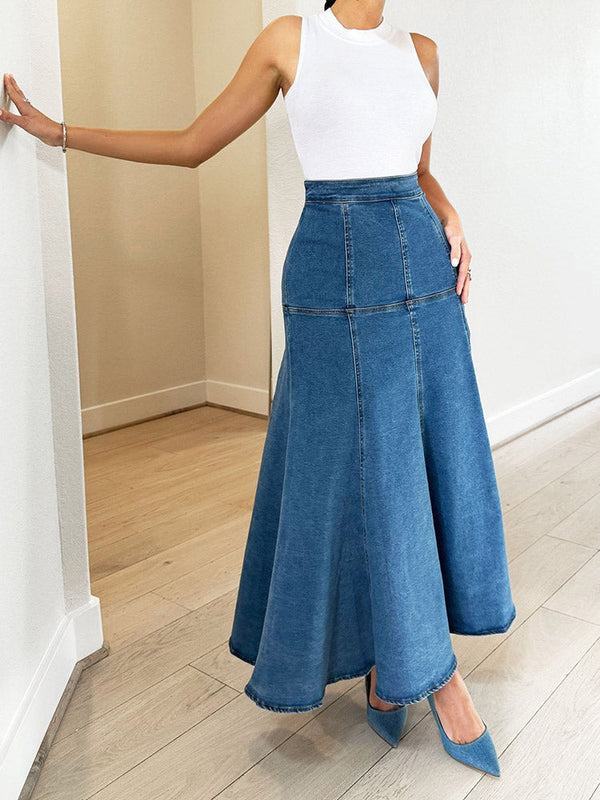 Ripple Denim Midi Skirt