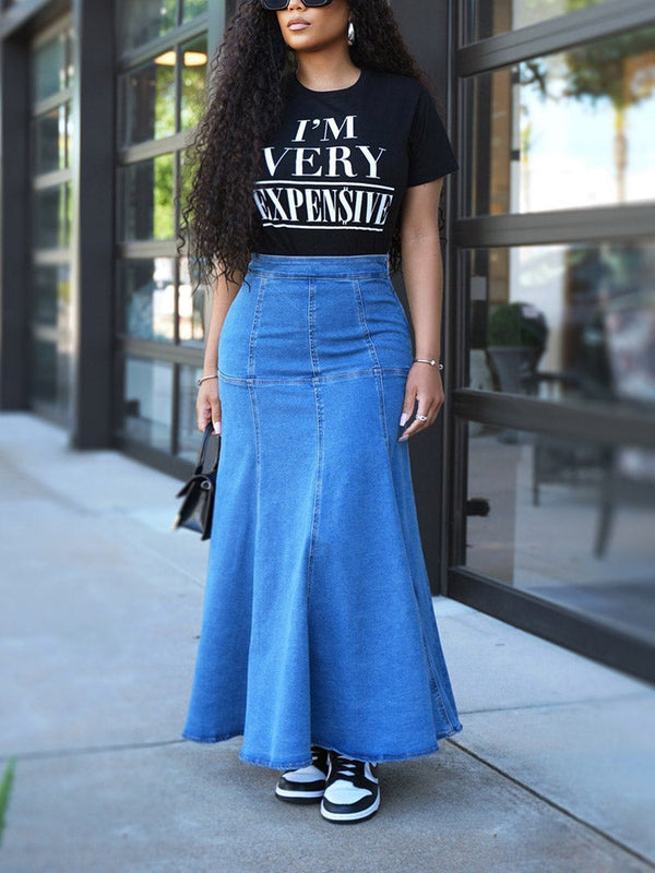 Ripple Denim Midi Skirt