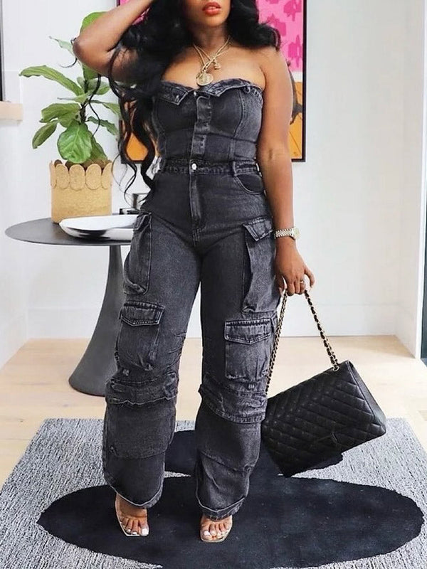 Denim Strapless Cargo Jumpsuit