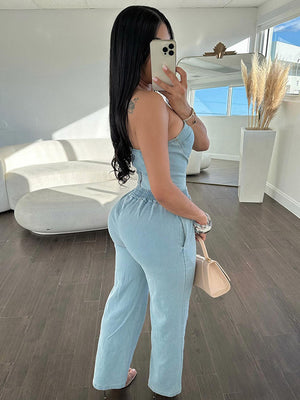 Denim Tube Top Wide Leg Pants Set