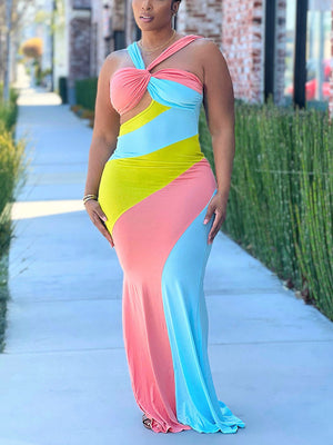 Vibrant Colorblock Cutout Maxi Dress