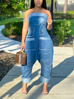 Strapless Cargo Denim Loose Jumpsuit