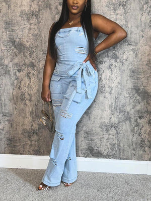 Ripped Cargo Denim Jumpsuit