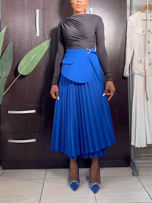 Pleated Belt Midi Skirt