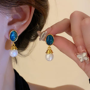 Vintage Blue Crystal Pearl Earrings