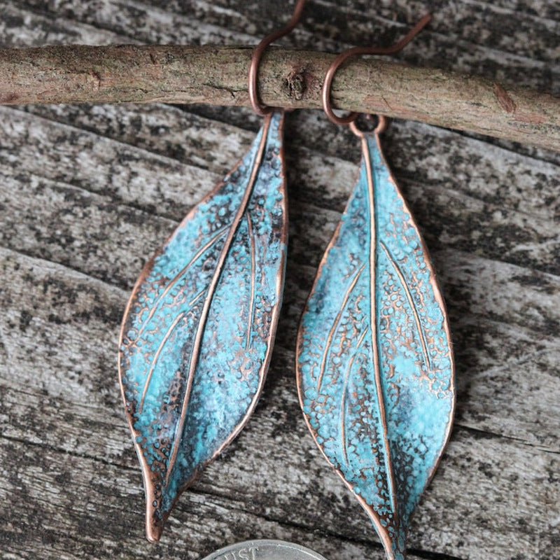 Retro Blue Aged Leaf Pendant Earrings