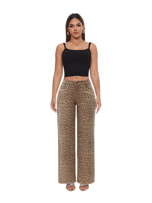 ONESO Women BBL Jeans Leopard Print Mid-Low Waist Relaxed Straight High Stretchy Pants