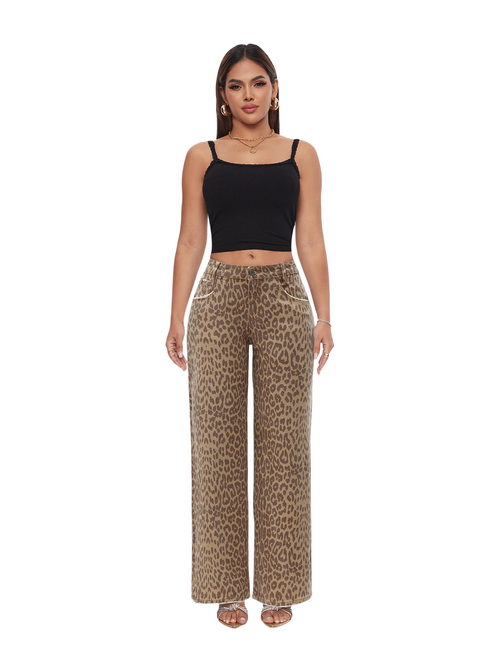 ONESO Women BBL Jeans Leopard Print Mid-Low Waist Relaxed Straight High Stretchy Pants