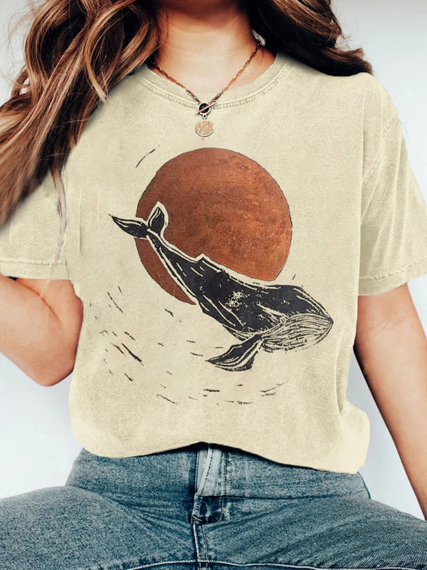 Whale & Sunrise Japanese Lino Art T-shirt