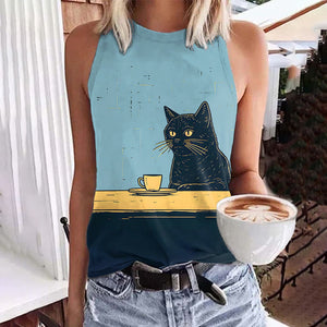 Abstract Creative Black Cat Chilling Coffee Painting Art Print Tank Top