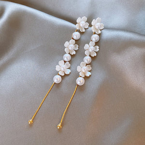 Retro Pearl Flower Long Tassel Earrings