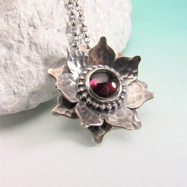 Sterling Silver Red Lotus Garnet Pendant Necklace