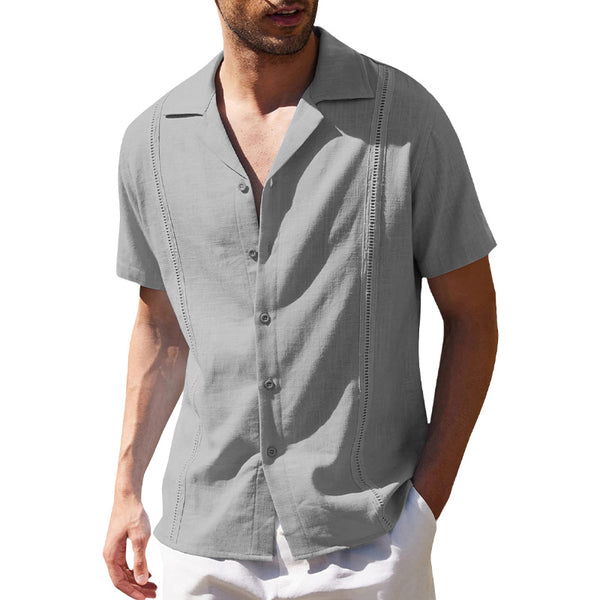 Mens Cotton Linen Casual Cuban Short Sleeve Beach Shirt