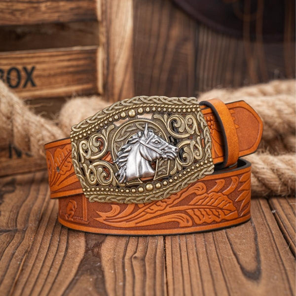 Carved Horse Head Leather Belt Retro Western Cowboy Cowgirl Personality Belt Cross Border Embossed Ethnic Style Unisex