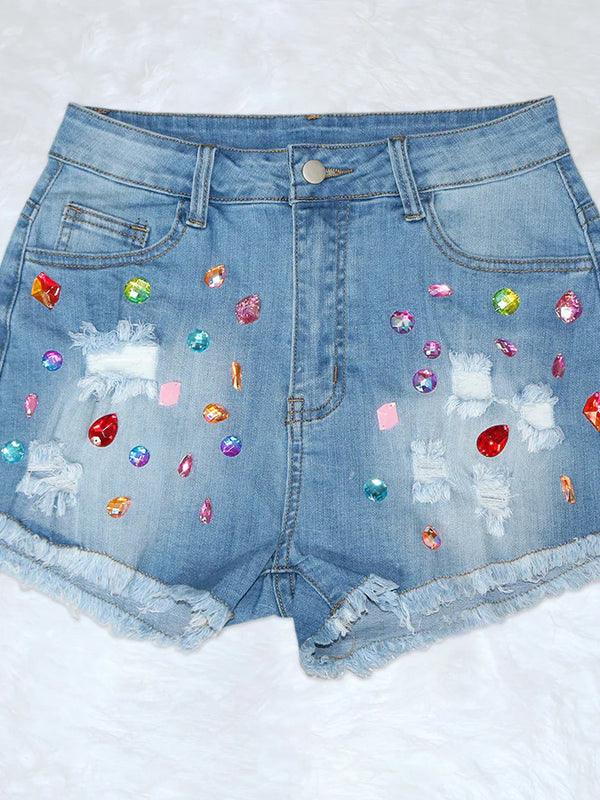 Rhinestone Distressed Denim Shorts