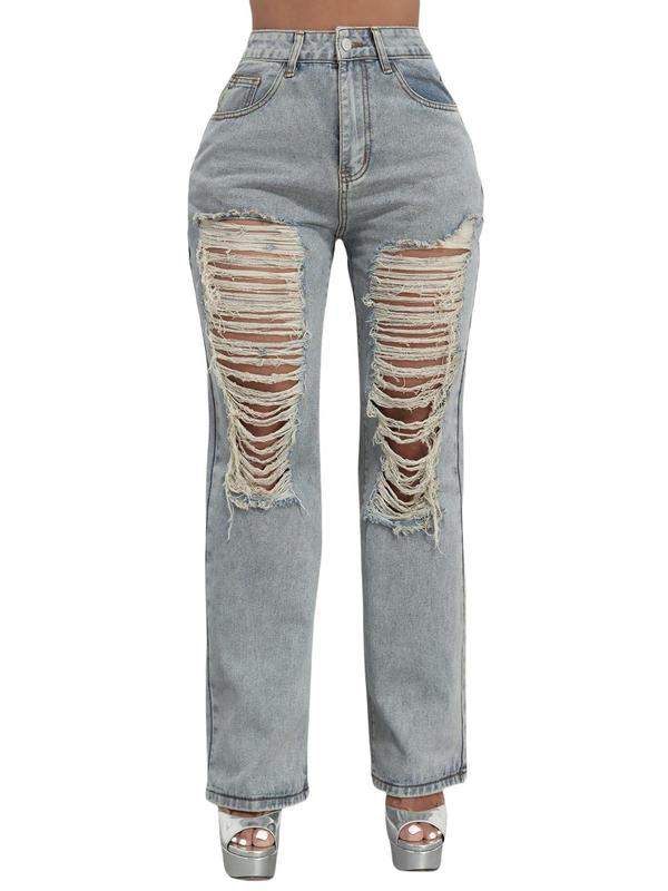 High Waisted Straight Leg Ripped Hole Baggy Denim Pants B241DE0013