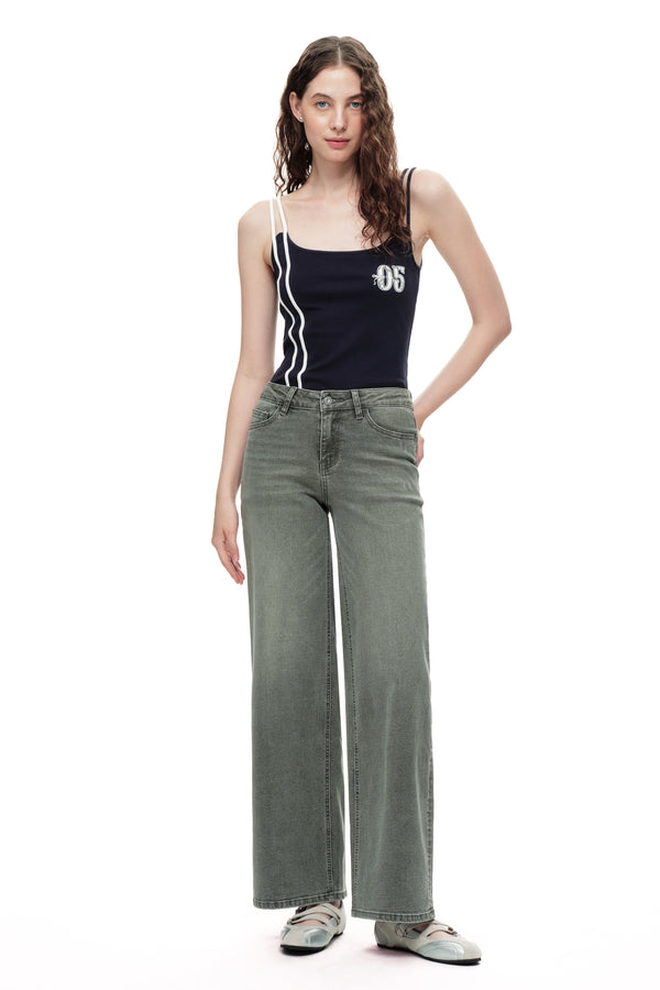 ONESO Army Green Mid Rise Wide Leg Jeans