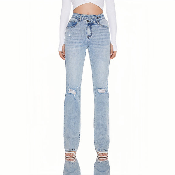 Women High Rise Stretch Bootcut Ripped Wide Leg Jeans SH25F15