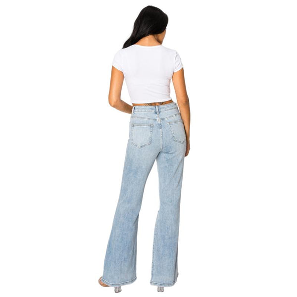 Women High Rise Stretch Bootcut Ripped Wide Leg Jeans SH25F15