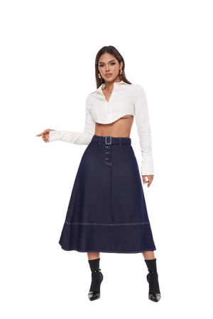 Indigo Elegance Belted A-Line Skirt