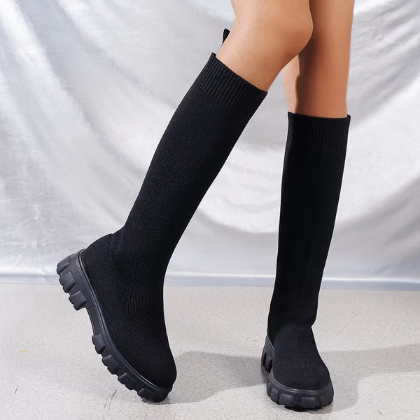 Mid Calf Stretch Fly Knit Sock Boots Thick Bottom Boots