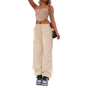 Relaxed Tie Multi-Pocket Straight Leg Workwear Casual Pants