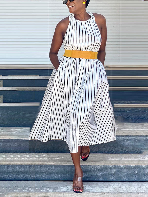 Striped Crisscross Straps Midi Dress