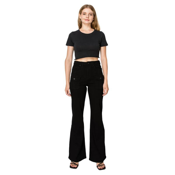 Women High Rise Relaxed Flare with Front Cargo Pockets BYF1097 Black