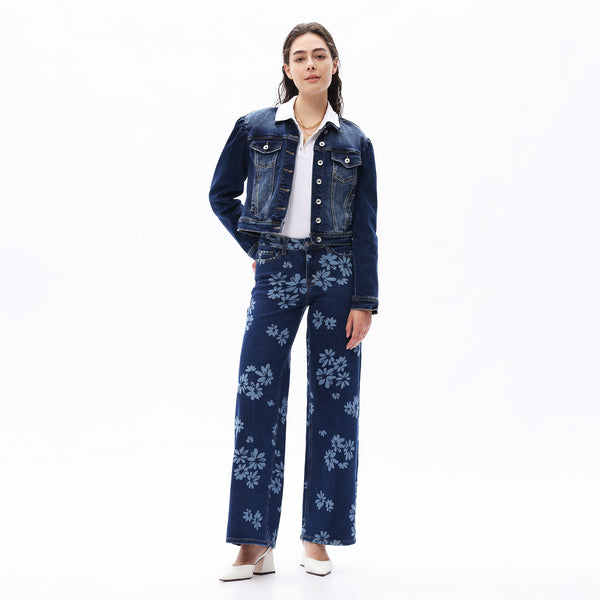 ONESO Women BBL Jeans Mid-Low Rise Wide Leg Stretch Baggy Printing Denim with Tummy Control Minimalist Basic Trouser