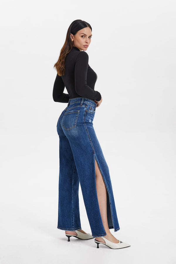 Women High Rise Stretch Wide Leg Side Slit Grinding Jeans BYW8037