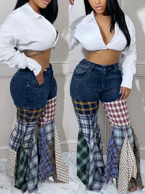 Plaid Patchwork Denim Jeans