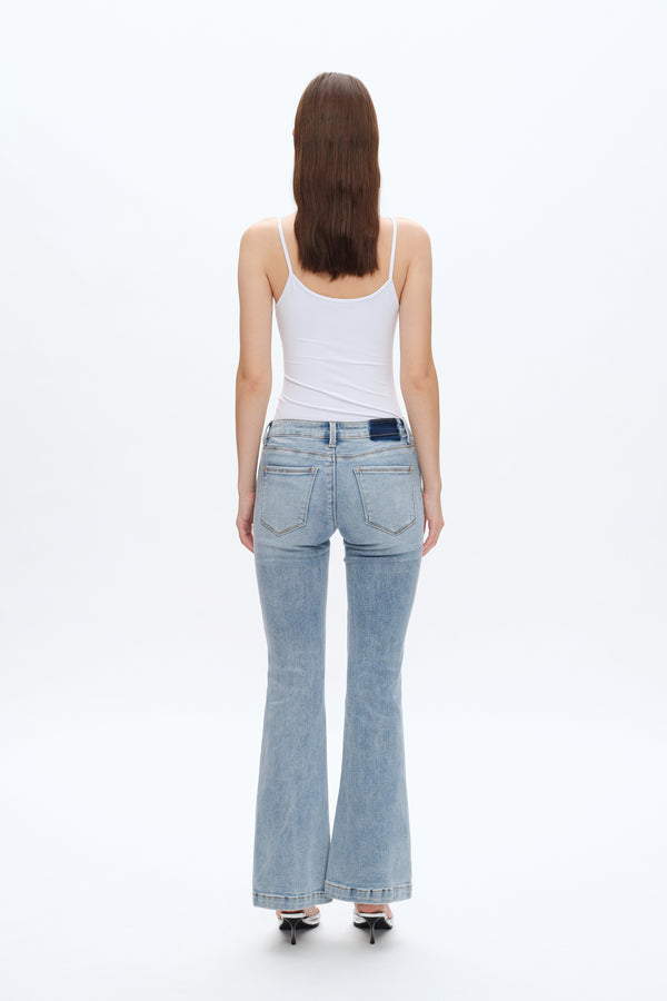 Women Mid Waisted Stretch Flare Jeans With Clean Hem BYF1023