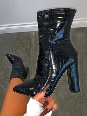 Embossed Chunky Heel Boots