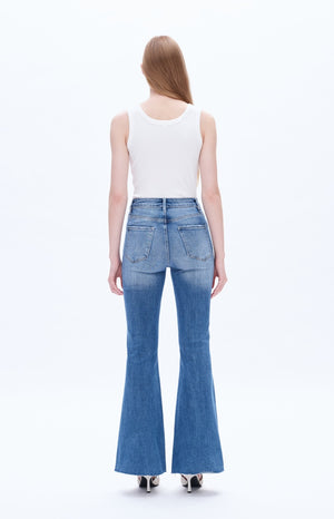 High Rise Stretch Flare Distressed Front Slit Jeans