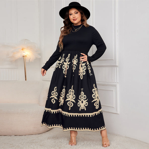 Printed High Waist Long Sleeve Maxi Dress